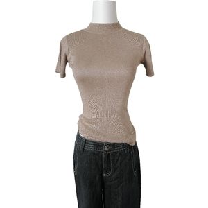 🦉 S/M, tan turtleneck short sleeve ribbed knit slim top by go sweet